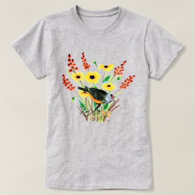 Camiseta Flores amarillo acuarela con gris pájaro (Diseño del anverso)
