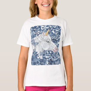 Camiseta Flores azules de unicornio Fantasía mariposas Girl