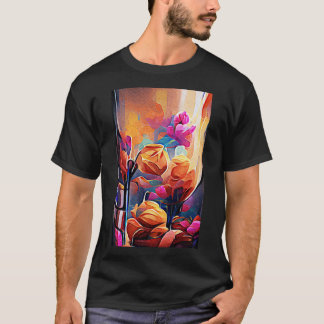 Camiseta Flores azules rojas Naranja de arte Abstracto flor