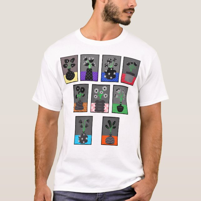 Camiseta Flores blancas y negras en floreros negros (Anverso)