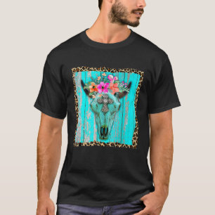 Camiseta Flores Boho Occidentales Cráneo de Toro Vaca Turqu