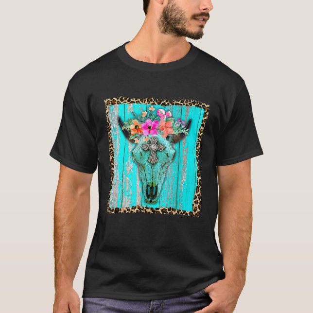 Camiseta Flores Boho Occidentales Cráneo de Toro Vaca Turqu (Anverso)