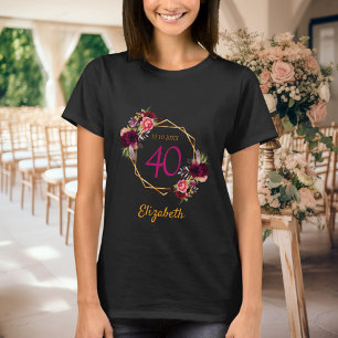 Camiseta Flores burdeos de oro negro de cumpleaños
