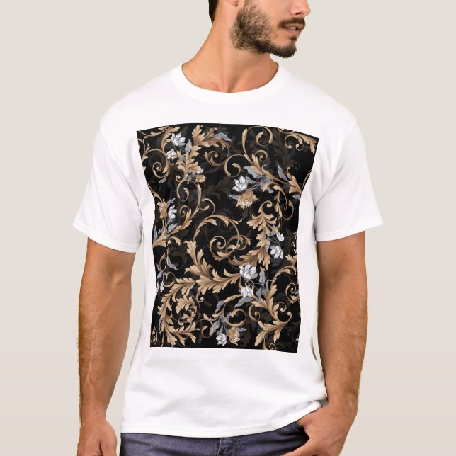 Camiseta Flores clásicas barrocas: fondo negro. (Anverso)