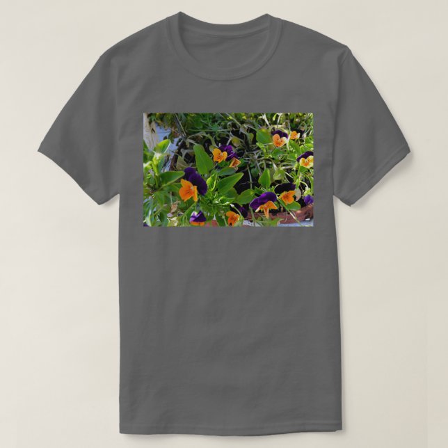 Camiseta Flores con pétalos de naranja y púrpura en macetas (Diseño del anverso)