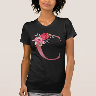 Camiseta Flores de Acuarela con Monograma Alfabeto de Oro R