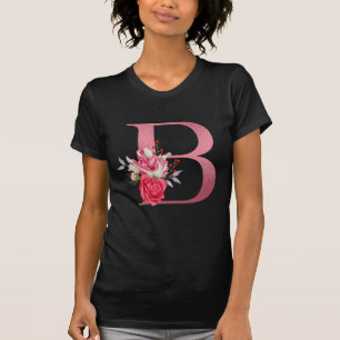 Camiseta Flores de acuarela de monograma alfabeto rosa oro 
