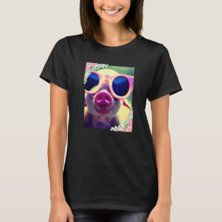 Camiseta Flores de acuarela y cerdo con gafas de sol Lindos