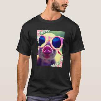 Camiseta Flores de acuarela y cerdo con gafas de sol Lindos