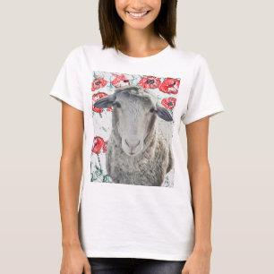 Camiseta Flores de adormidera roja de animales de oveja de 