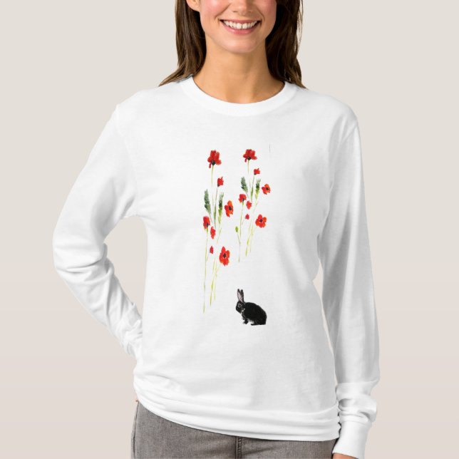 Camiseta Flores de amapola arte conejo conejo (Anverso)