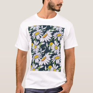 Camiseta Flores De Chamomile: Acuarela Azul Oscuro.