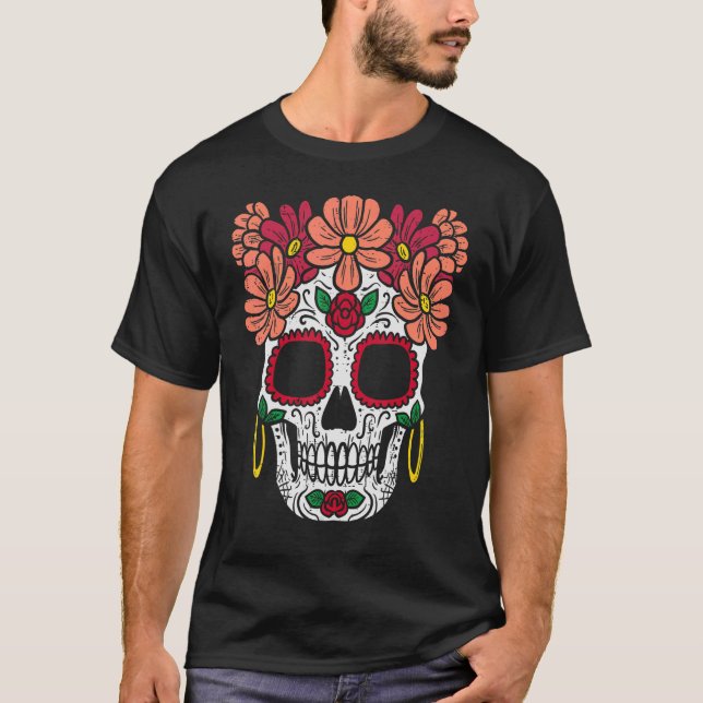 Camiseta Flores De Cráneo De Azúcar Cabeza Calavera Floral  (Anverso)