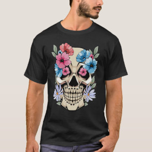 Camiseta Flores de cráneo mexicanas Esqueleto estético de f