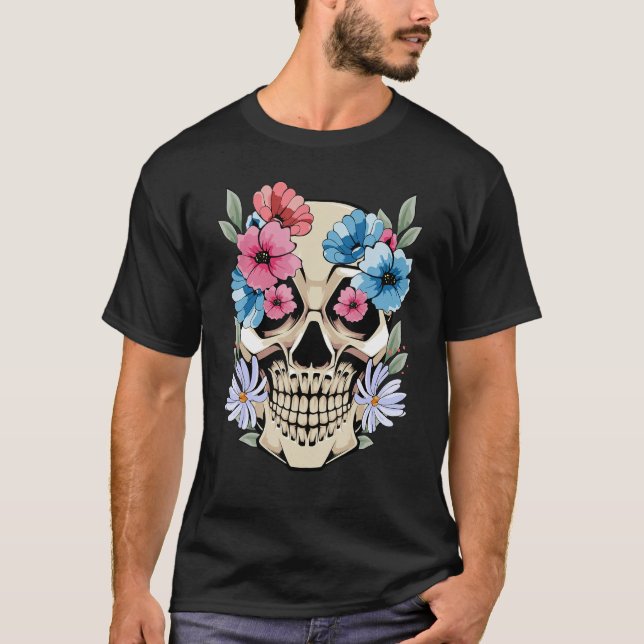 Camiseta Flores de cráneo mexicanas Esqueleto estético de f (Anverso)