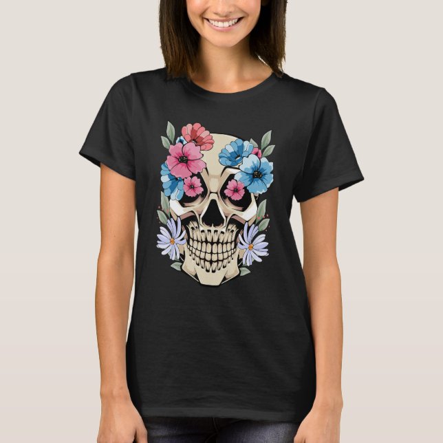 Camiseta Flores de cráneo mexicanas Esqueleto estético de f (Anverso)