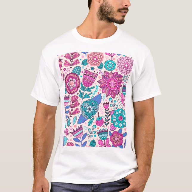Camiseta Flores de doodle botánico, sin costura, textura vi (Anverso)