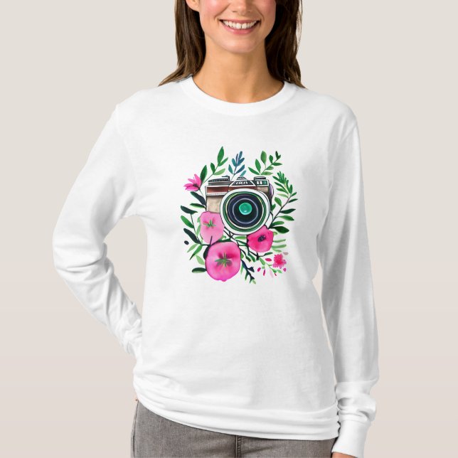 Camiseta Flores de época y cámara retro personalizada (Anverso)