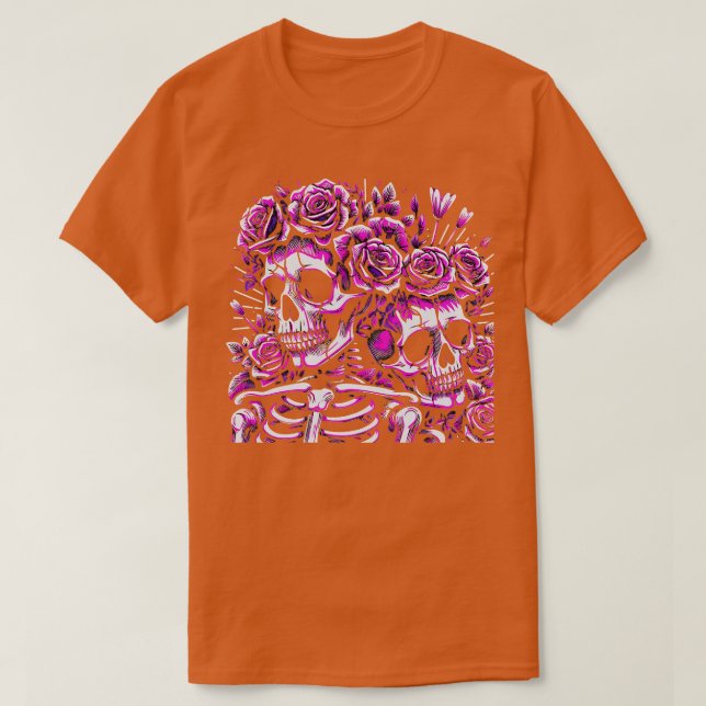 Camiseta Flores de esqueleto Gótico triste morado rosa muer (Diseño del anverso)