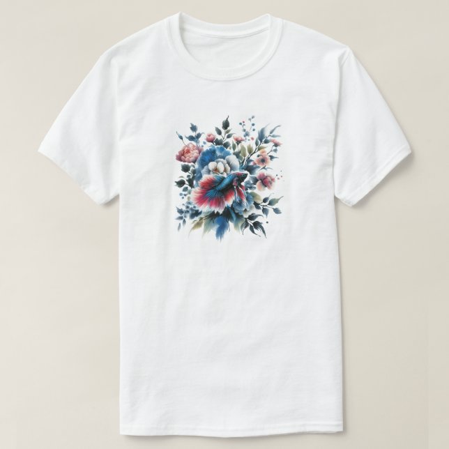 Camiseta Flores de estilo oriental y peces beta (Diseño del anverso)