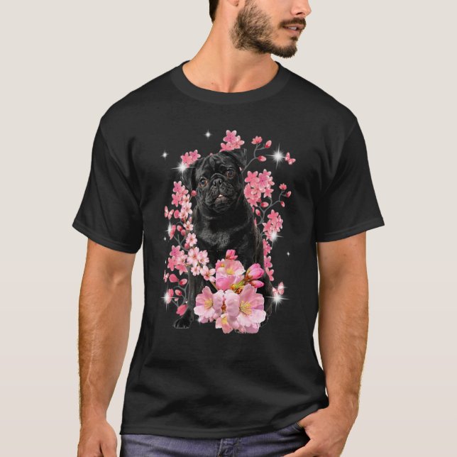 Camiseta Flores de flores de cerezo de pug (Anverso)