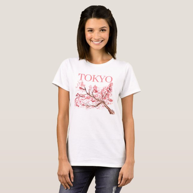 Camiseta Flores de flores de cerezo rosa acuarela Tokio (Anverso completo)
