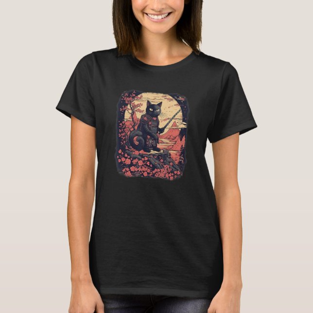 Camiseta Flores de guerrero samurai ninja japonesas de gato (Anverso)