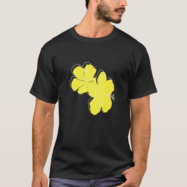 Camiseta Flores de Hawai amarillas dibujando cosméticos (Anverso)