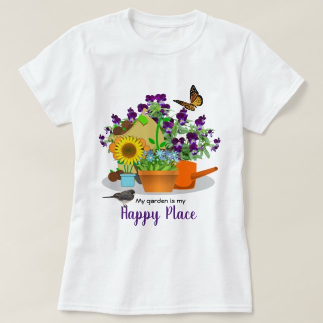 Camiseta Flores de jardín felices pájaros y mariposa blanca (Diseño del anverso)