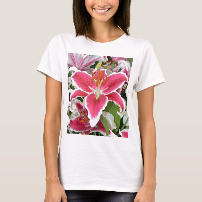 Camiseta Flores de lirio con estrellas rosadas (Anverso)