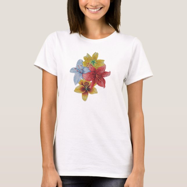Camiseta Flores de lirio rojo y amarillo con arte floral (Anverso)