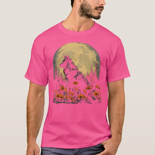 Camiseta Flores de Lobo Lobo Lobo Floral Lleno de Luna (Anverso)