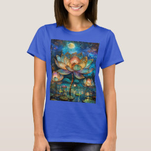 Camiseta Flores de Lotus de vidrio manchado en la luna