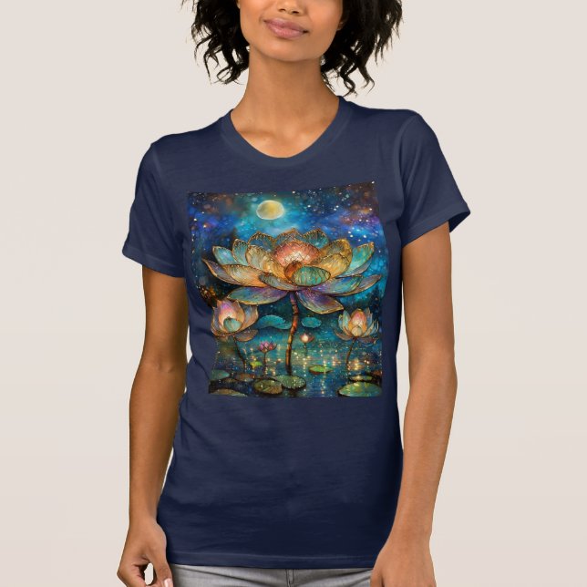 Camiseta Flores de Lotus de vidrio manchado en la luna (Anverso)