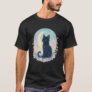 Camiseta Flores de Luna Creciente Gato Negro Lindo