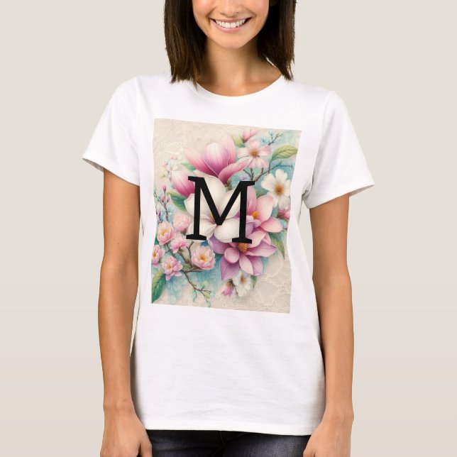Camiseta Flores de magnolias púrpura rosadas de encaje mono (Anverso)