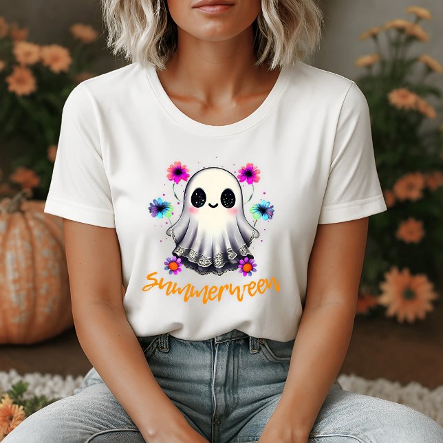Camiseta Flores de neón de fantasma de Summerween lindas (Cute Summerween Ghost Neon Flowers T-Shirt)