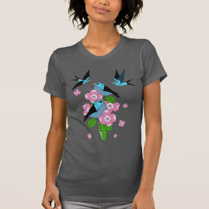 Camiseta Flores de pájaro azul y madera de perro - arte fol