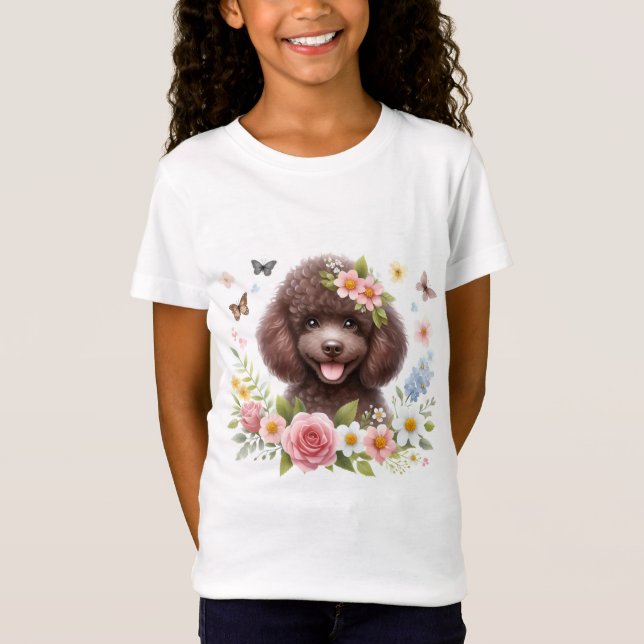 Camiseta Flores de primavera acuarela Chocolate Poodle - (Anverso)