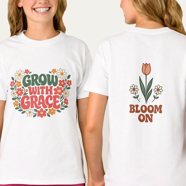 Camiseta Flores de Primavera Crecen con Gracia Retro (Front & Back Floral Art, Pure Cotton)