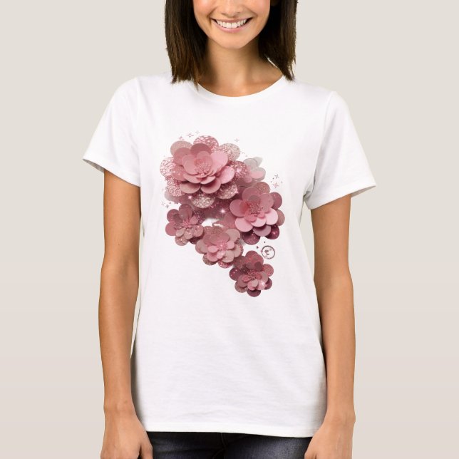 Camiseta Flores de purpurina plateada artística rosa (Anverso)