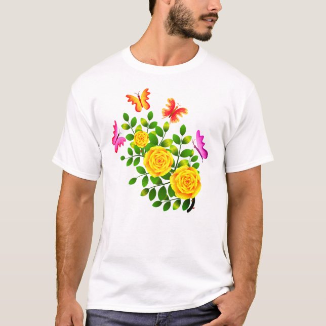 Camiseta Flores De Rosa Amarilla Y Mariposas-64567 (Anverso)