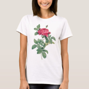 Camiseta Flores de rosa roja con hojas verdes