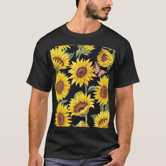 Camiseta Flores de sol, mariposas, acuarela de fondo negro (Anverso)