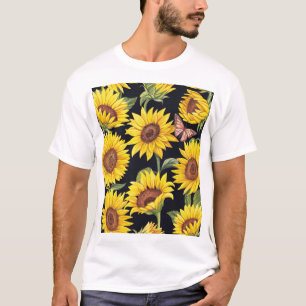 Camiseta Flores de sol, mariposas, acuarela de fondo negro