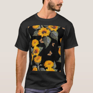 Camiseta Flores de sol y mariposas: fondo negro acuarela