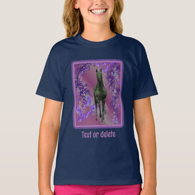 Camiseta Flores de unicornio negras Fantasy Horse Art (Anverso)