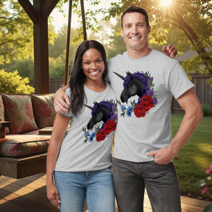 Camiseta Flores de unicornio negras moradas