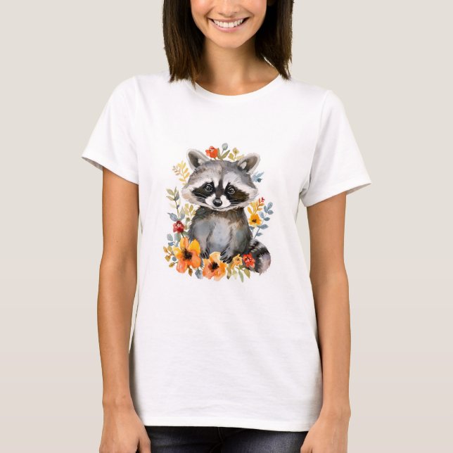 Camiseta Flores de verano acuarela de mapache (Anverso)