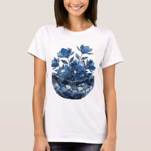 Camiseta Flores de vidrio azul plateado llamativo Diseño pe